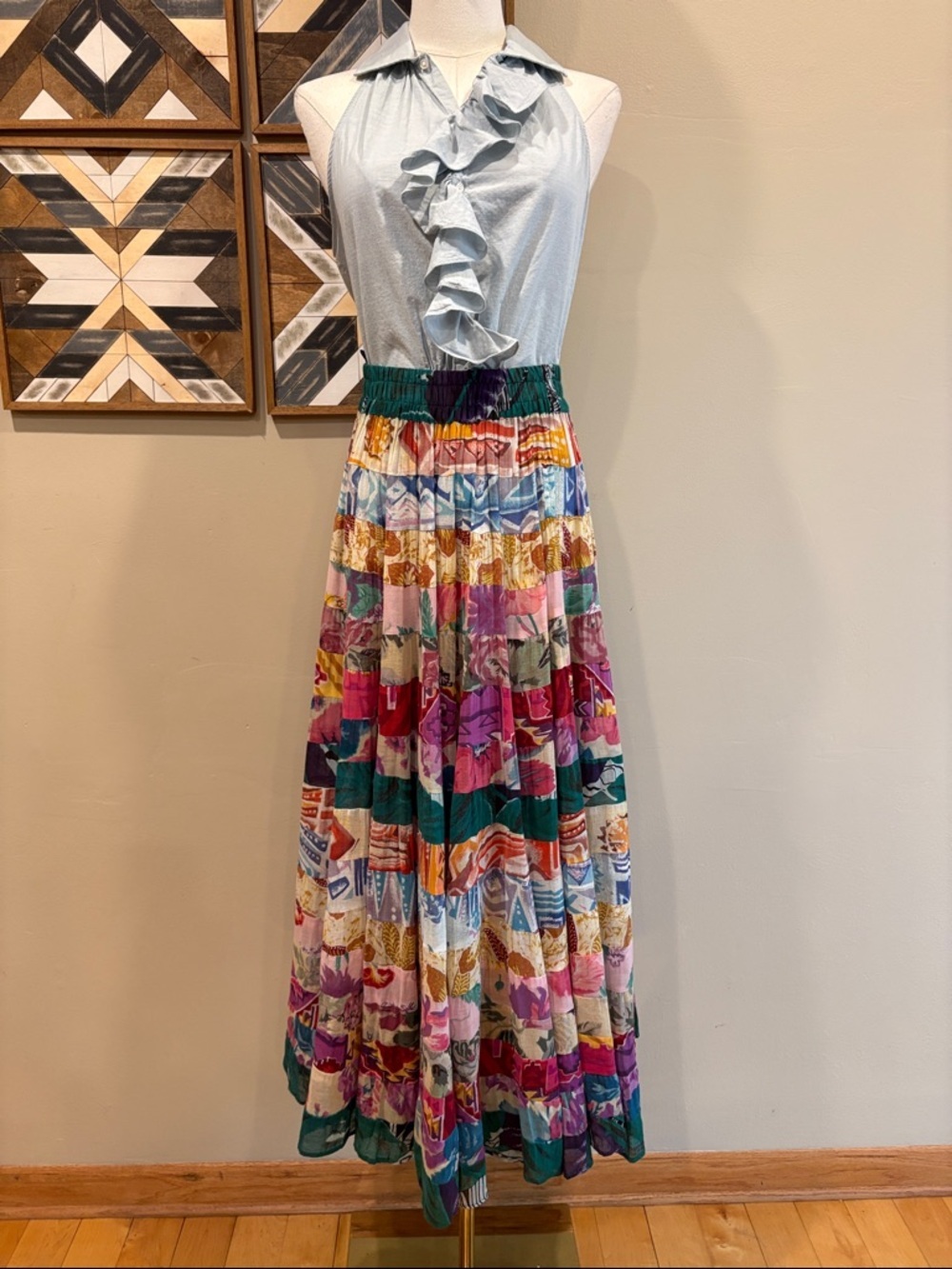 Vintage BILA of California Colorful Patchwork Tiered Maxi Skirt size Small